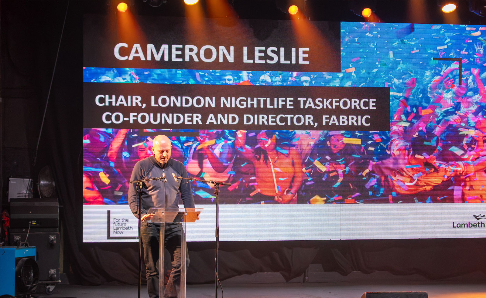 CEO of fabric nightclub, Cameron Leslie, speaking into a mic at a lectern