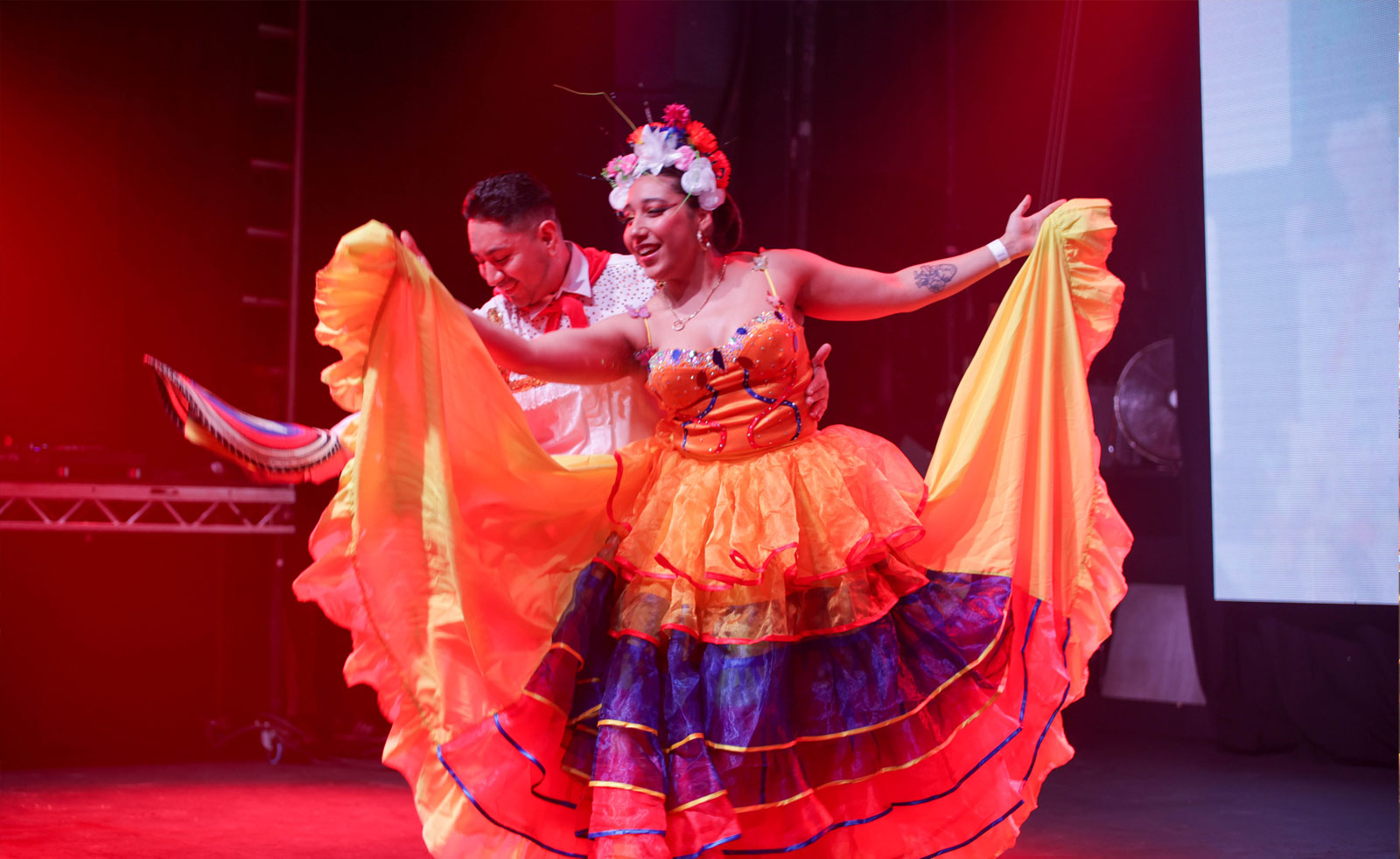 Two performers in traditional Latin American dance costume