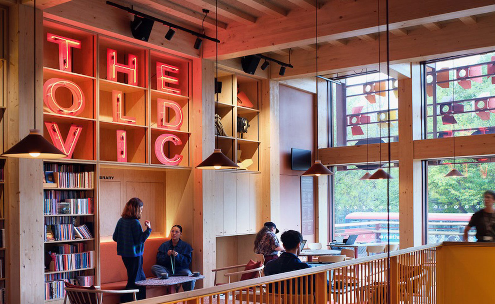 inside of the old vic workspace and cafe with old vic signage in the backgroun