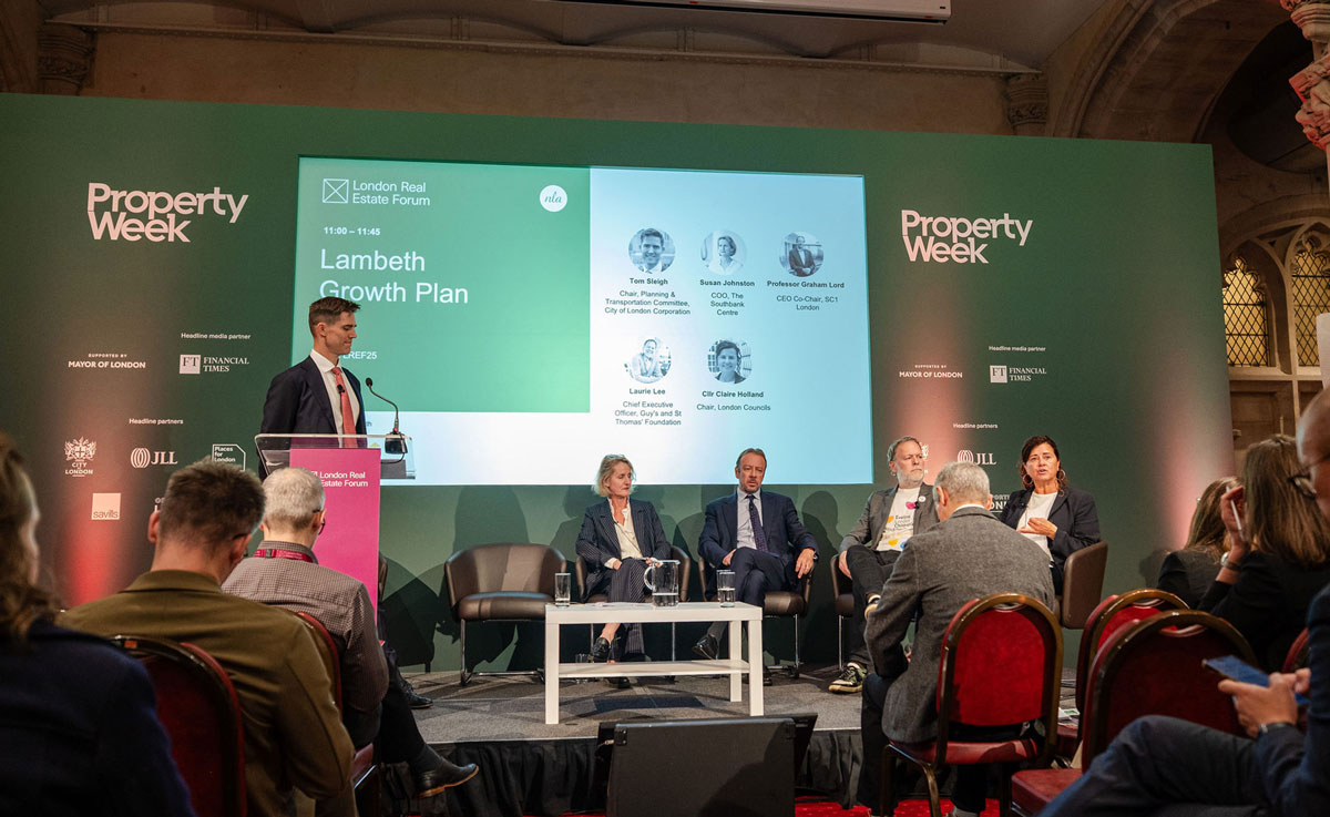 The Lambeth Growth Plan panel session at the London Real Estate forum 2025, featuring Chair Tom Sleigh and panelists Cllr Claire Holland, Prof Graham Lord, Laurie Lee anbd Susan Johnston.