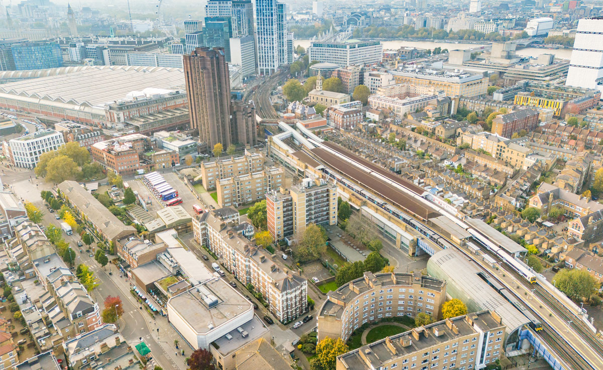 An aerial shot of a potential development site in Lambeth's New Homes Hexagon