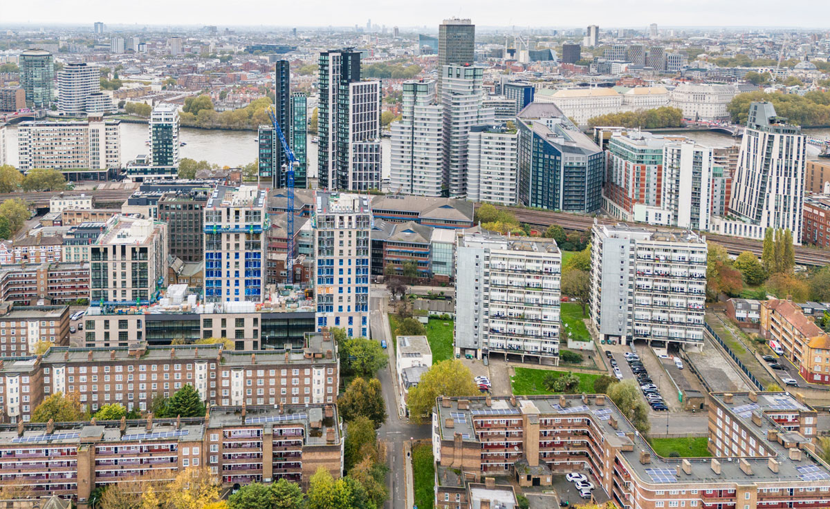 An aerial shot of a potential development site in Lambeth's New Homes Hexagon