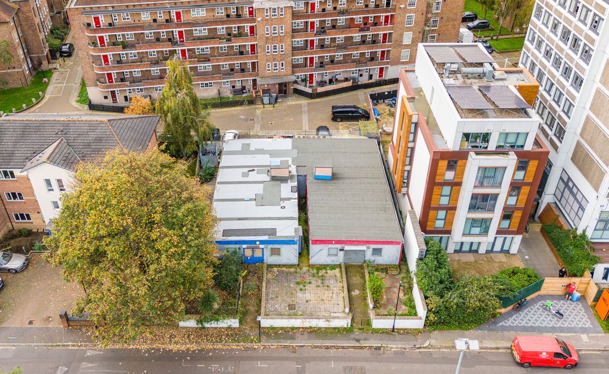 An aerial shot of a potential development site in Lambeth's New Homes Hexagon