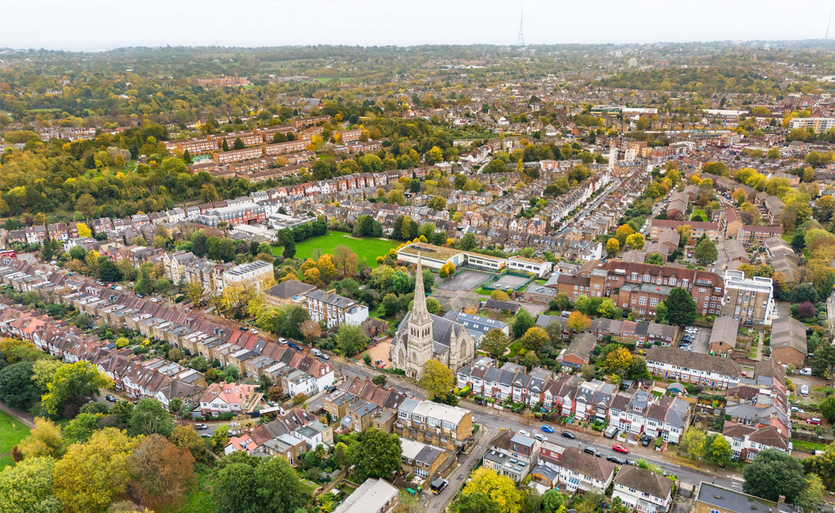 An aerial shot of a potential development site in Lambeth's New Homes Hexagon