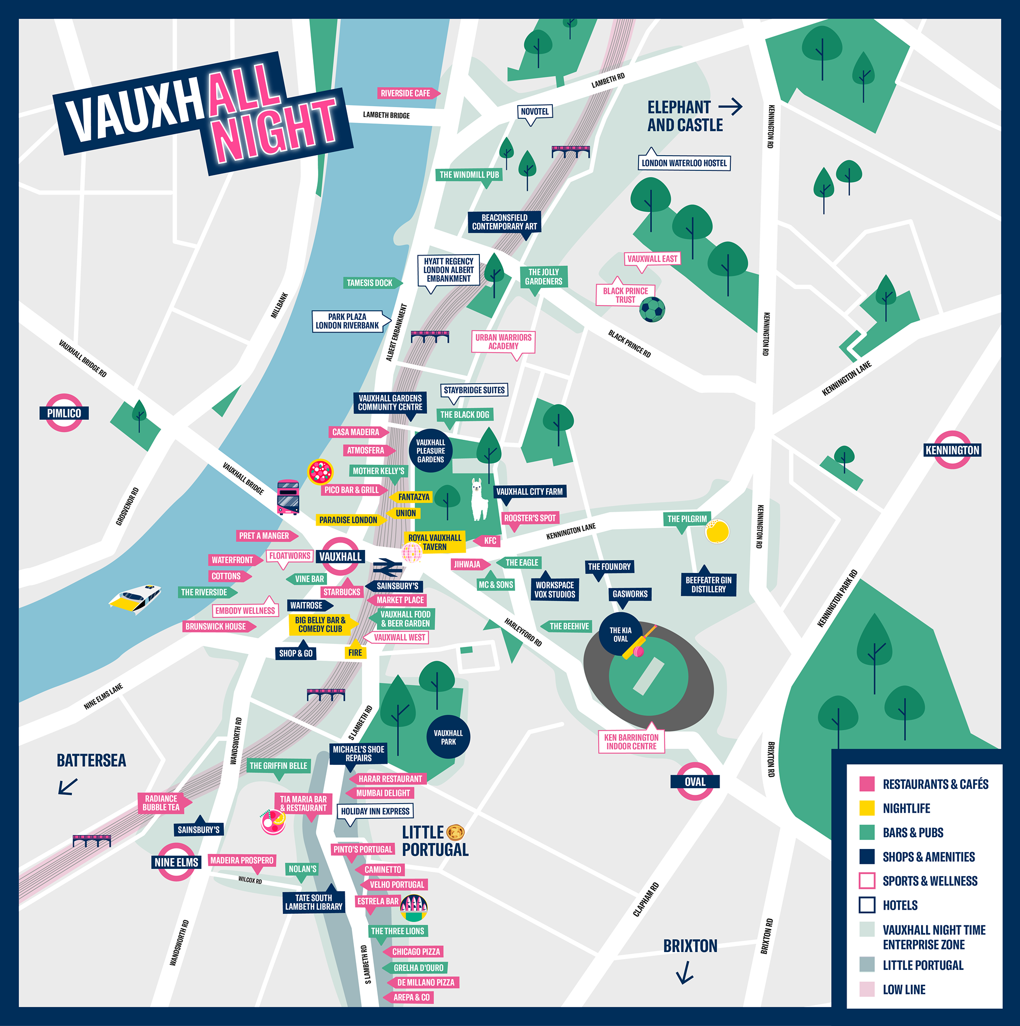 A stylised map of the Vauxhall area, showing different businesses, transport points, and amenities across the area