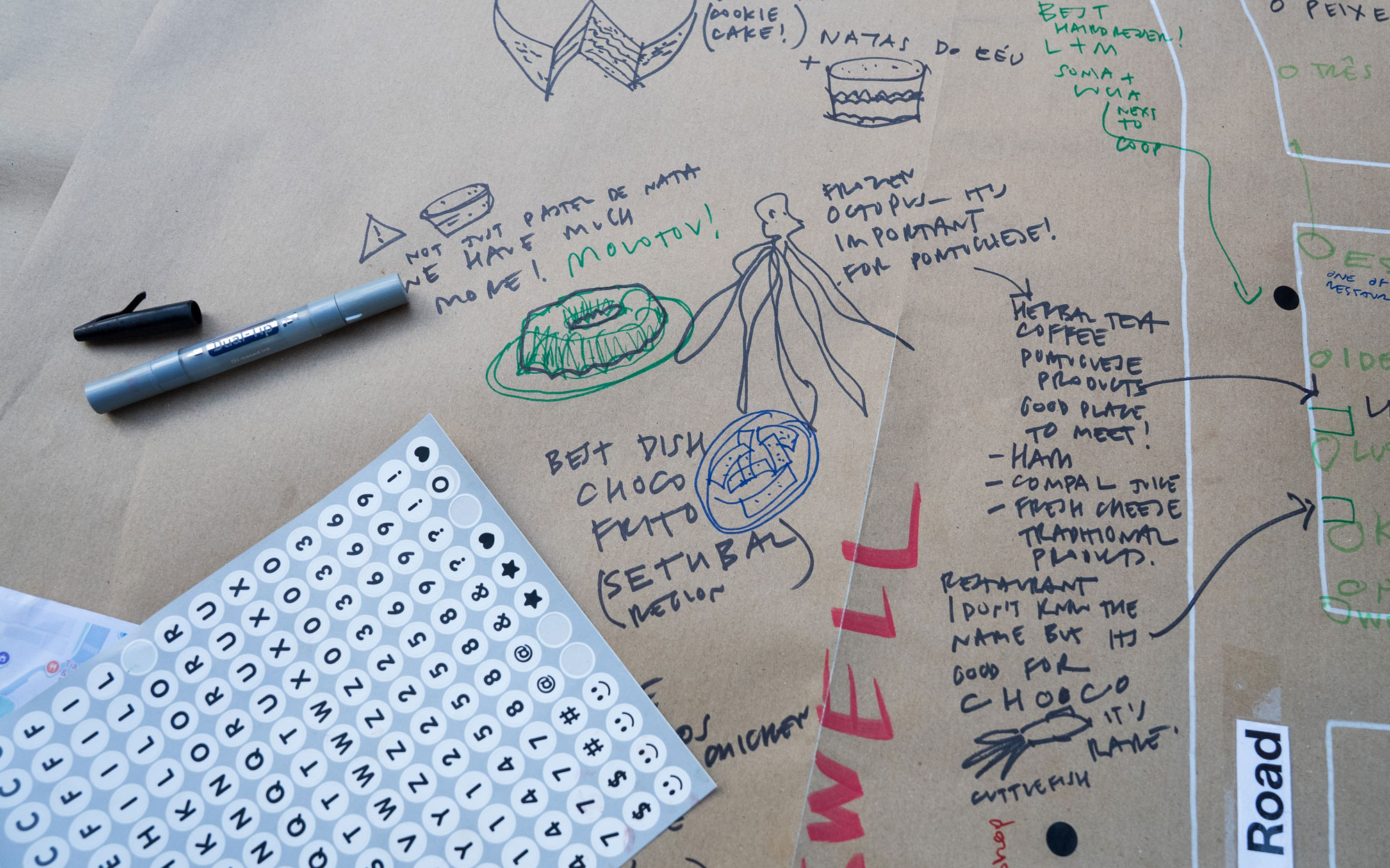 Handwritten notes and sketches on a large community ideas board, with a marker pen and alphabet stickers alongside.