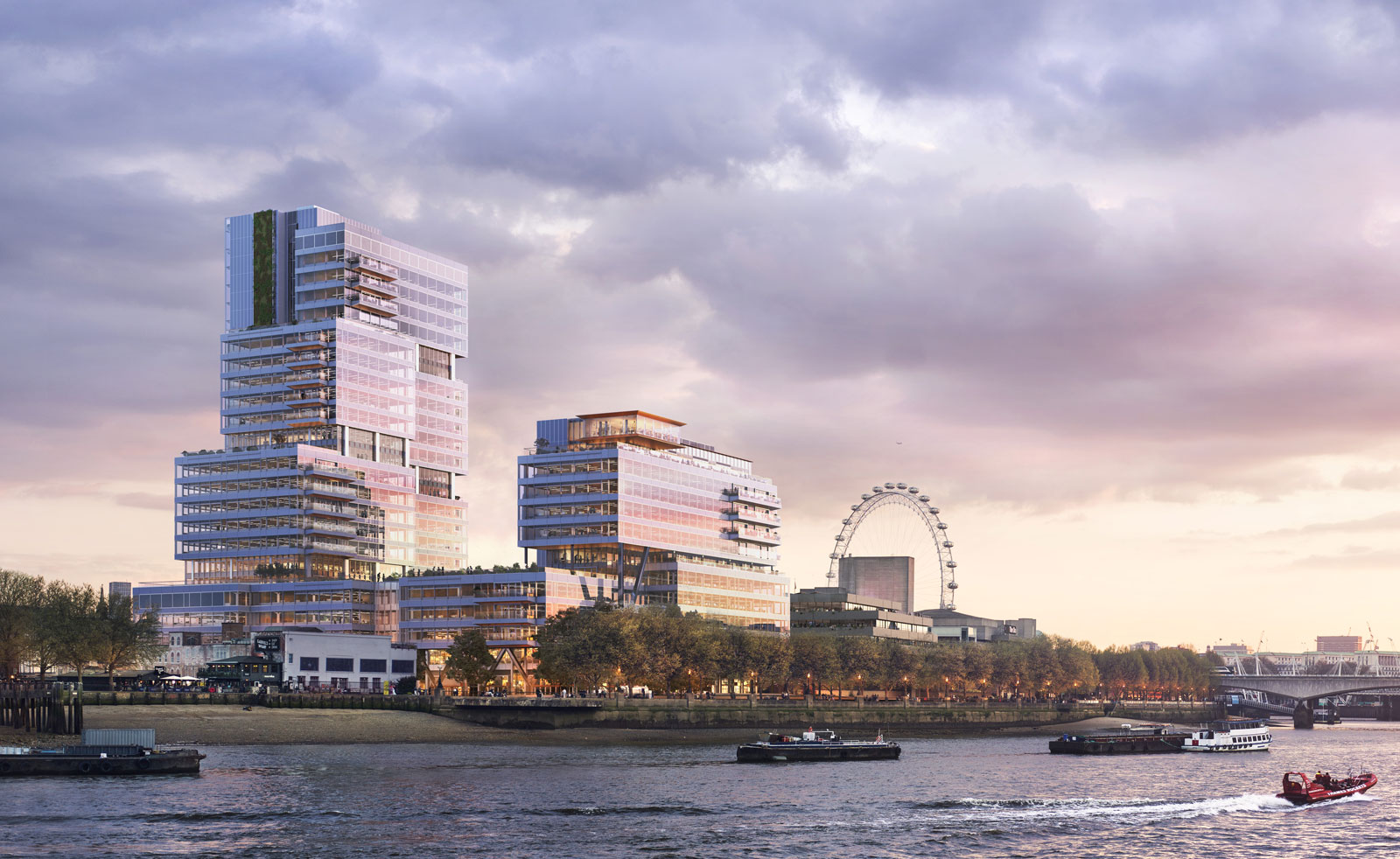 CGI image of new Vista tall buildings along River Thames with the London Eye in the background