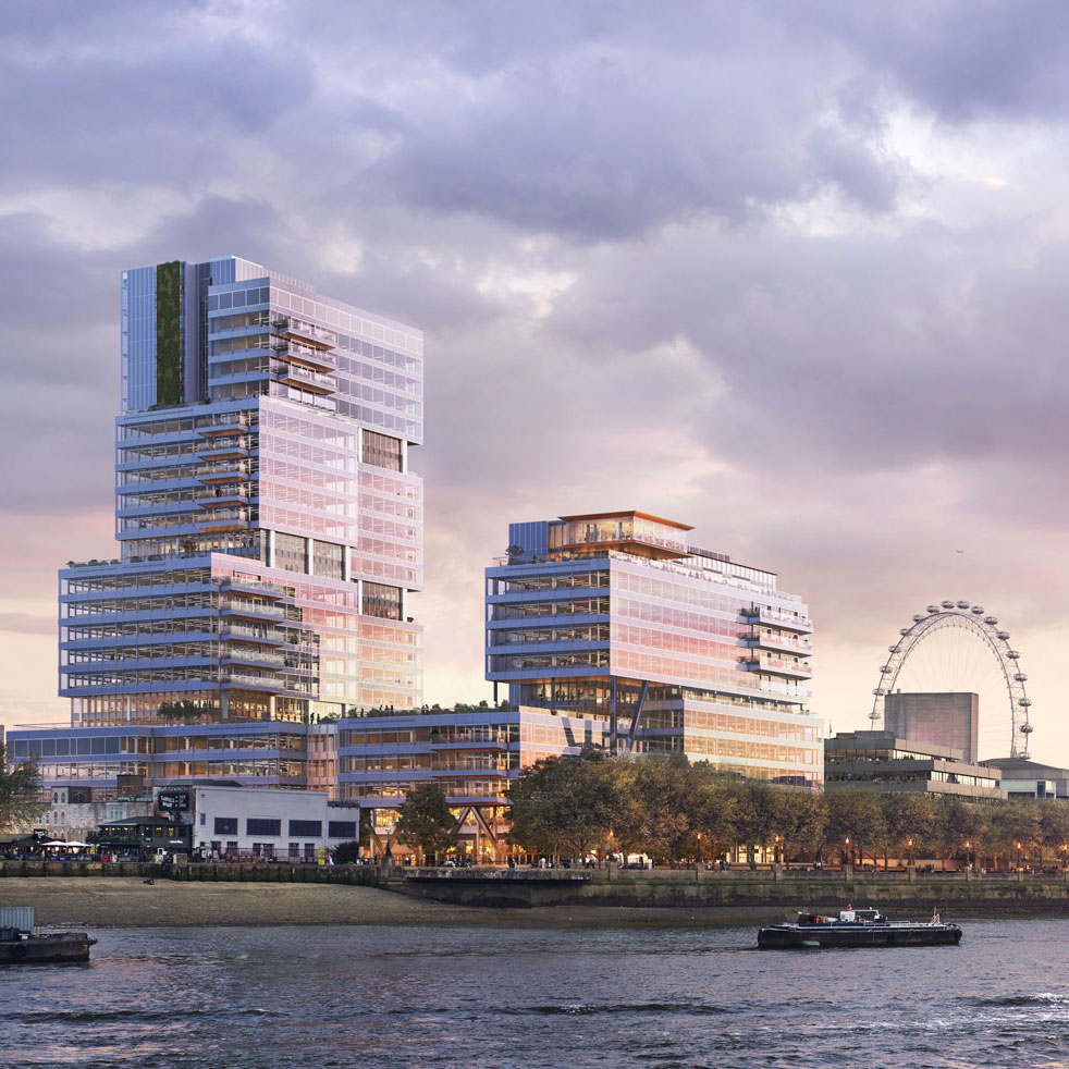 CGI image of tall buildings along River Thames with the London Eye in the background