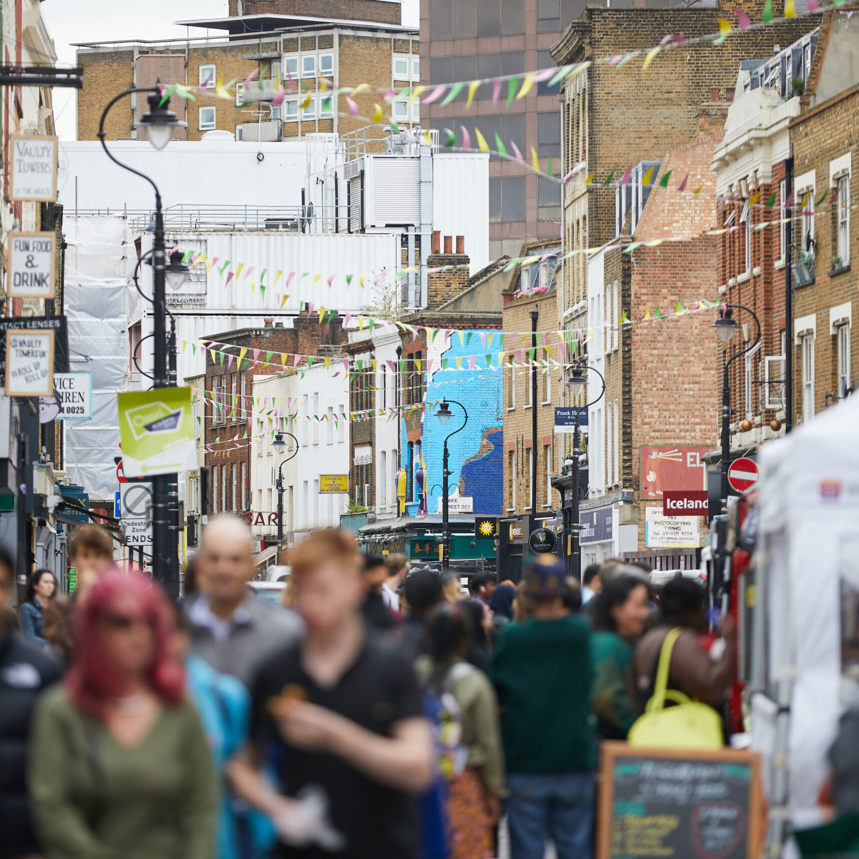 A busy, pedestranised high street